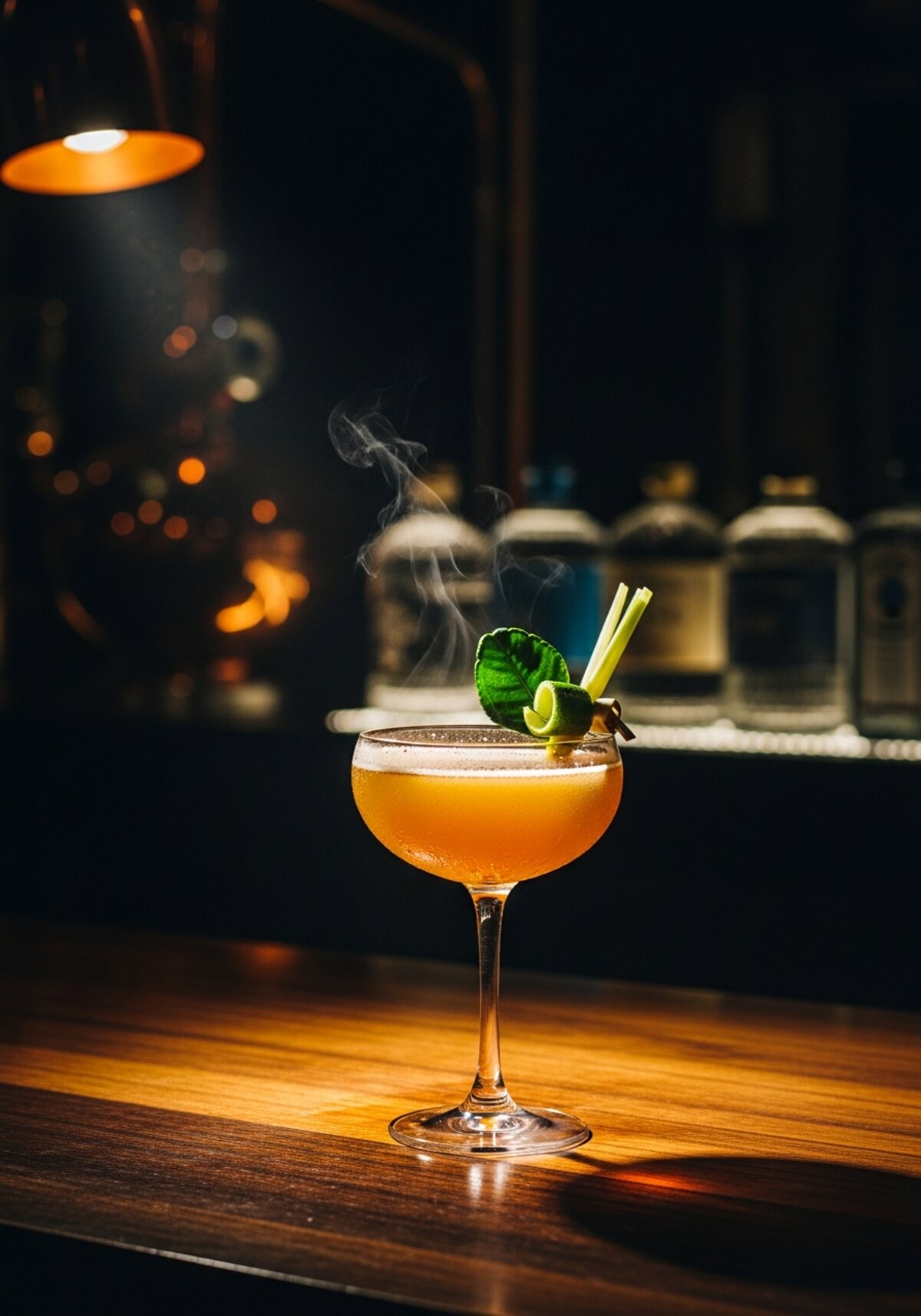 A gold Thailand-inspired cocktail glowing against the distillery's backlit bottles.