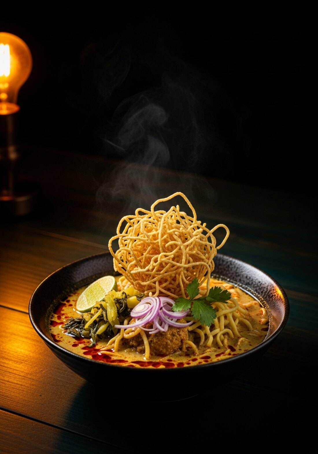 A steaming bowl of Northern Thai khao soi — golden coconut curry, egg noodles and a crown of crispy noodles — glowing in the low amber light of Starr Distilling.