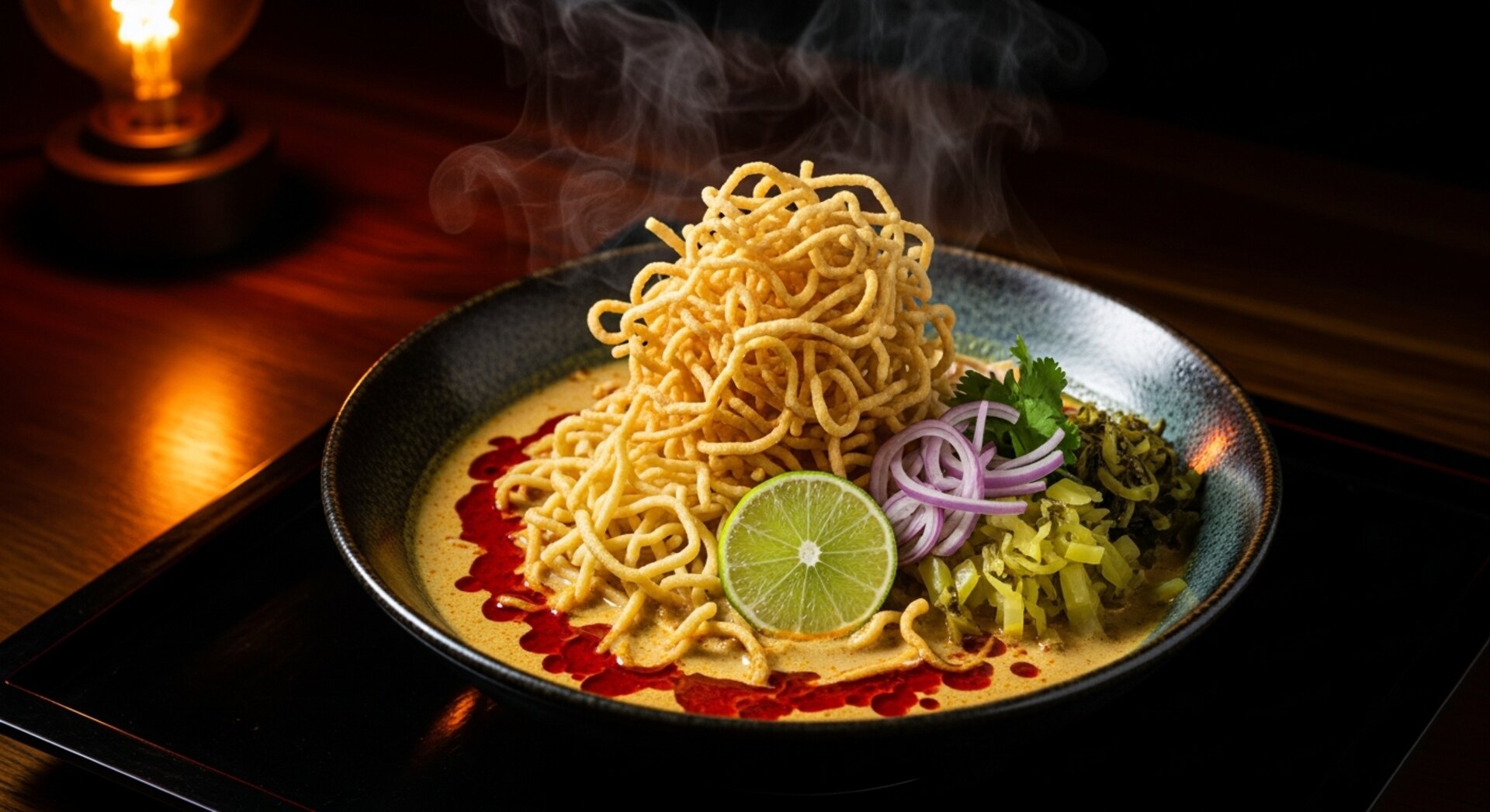 Khao soi — golden coconut curry noodles crowned with crispy noodles.