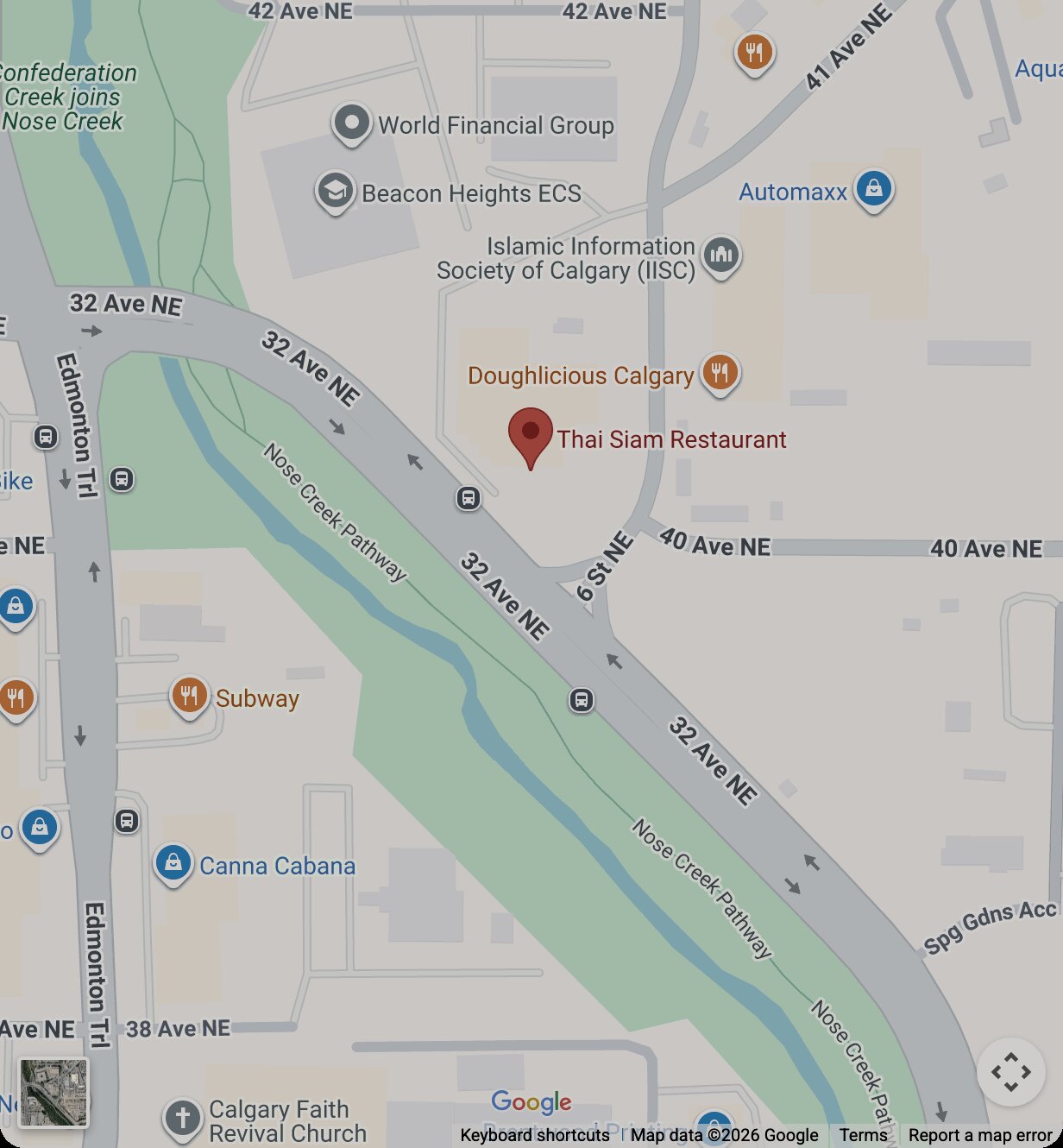 Map showing Thai Siam inside Starr Distilling Co at 4127 6th St NE in Calgary's northeast, near 32 Ave NE and Nose Creek.