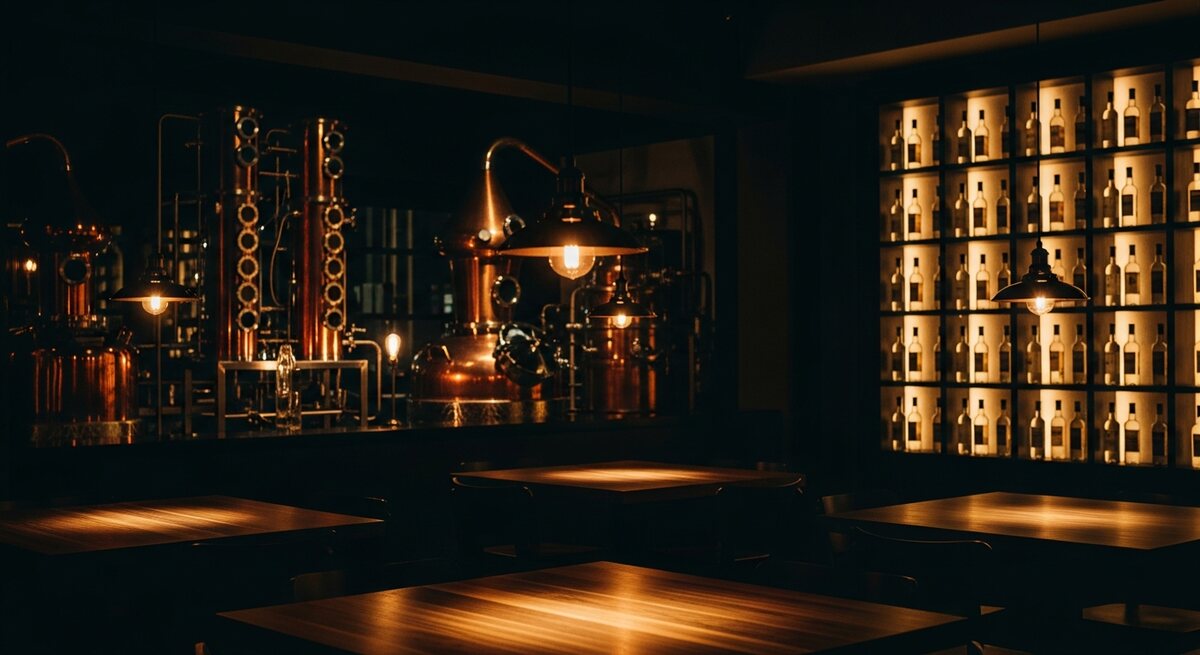 The dim, copper-lit interior of Starr Distilling Co, its pot stills gleaming behind the bar.