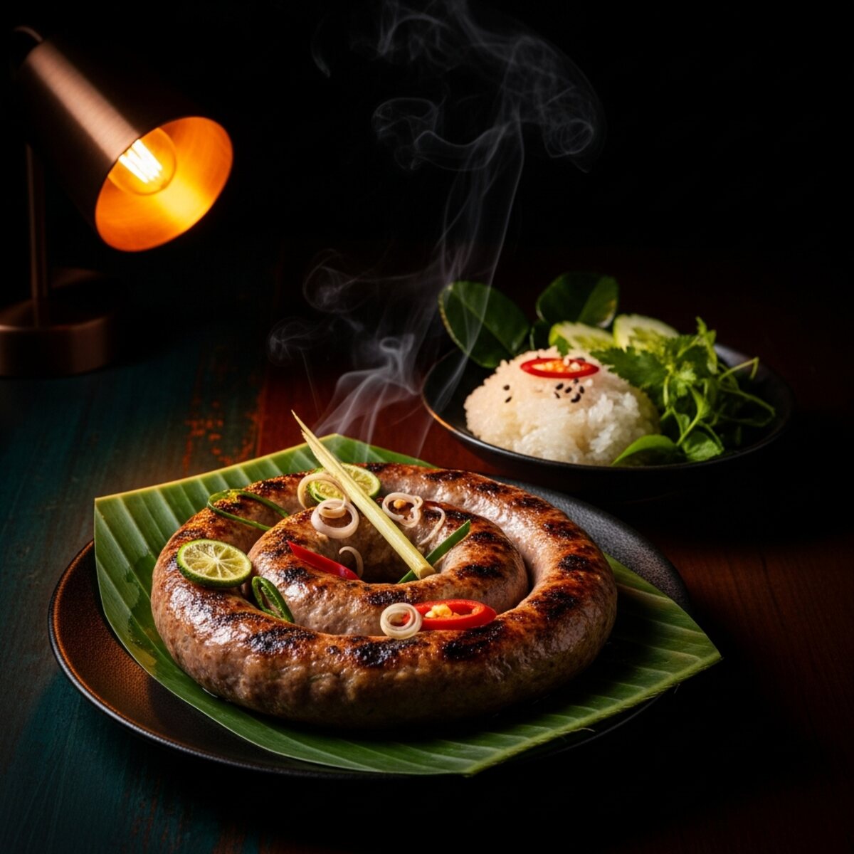 Sai ua — a coil of grilled Northern Thai herb sausage on banana leaf.