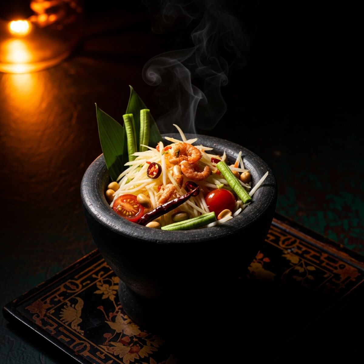 Som tam — green papaya salad pounded to order in a clay mortar.