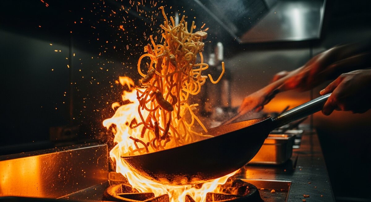 Flames leap from a wok in the Thai Siam kitchen as noodles are tossed over high heat.